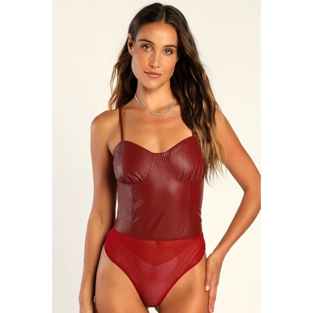 Lulus Brave Babe Burgundy Vegan Leather Bustier Corset Bodysuit Womens Large